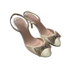 Kate Spade Womens Miva Ivory Satin Crystal Bow Slingback Peep Toe Heel Size 8 m